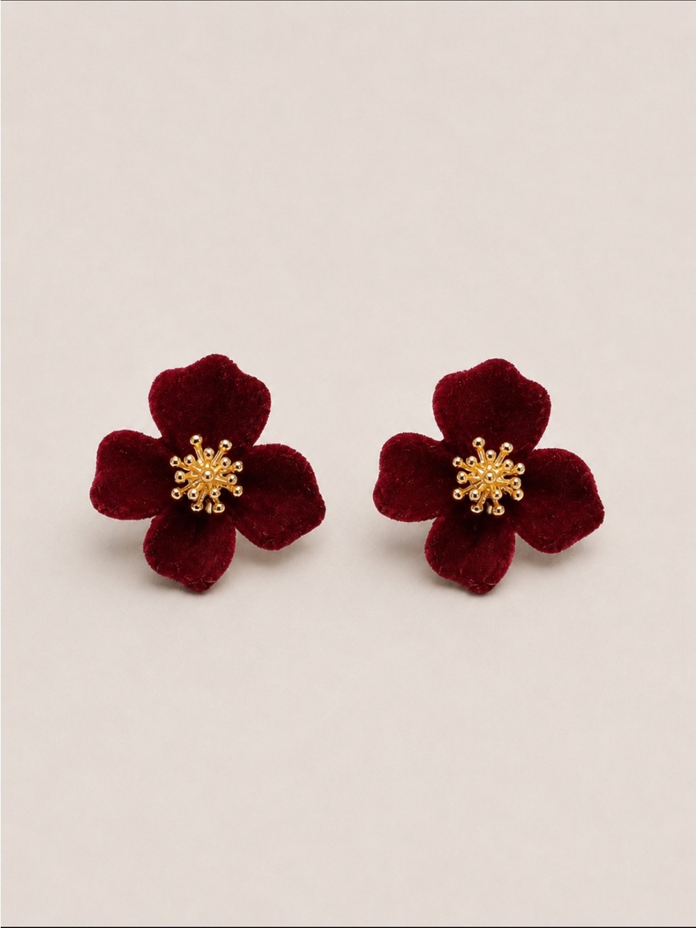 New! Cranberry Red Wine Velvet Gold Flower Post Earrings NWOT